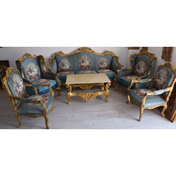 Barokowy Komplet Wypoczynkowy Wypoczynek NIEBIESKI - Sofa + 4 Fotele + Stół