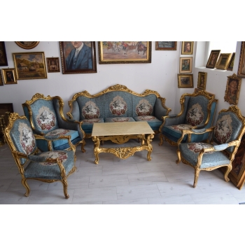 Barokowy Komplet Wypoczynkowy Wypoczynek NIEBIESKI - Sofa + 4 Fotele + Stół