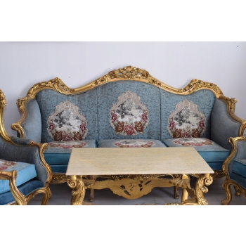 Barokowy Komplet Wypoczynkowy Wypoczynek NIEBIESKI - Sofa + 4 Fotele + Stół