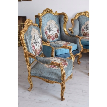 Barokowy Komplet Wypoczynkowy Wypoczynek NIEBIESKI - Sofa + 4 Fotele + Stół