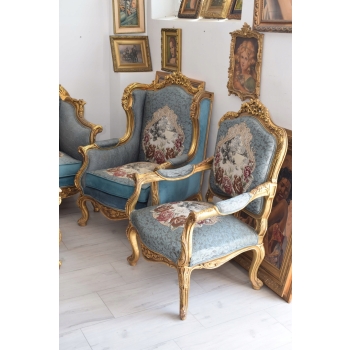 Barokowy Komplet Wypoczynkowy Wypoczynek NIEBIESKI - Sofa + 4 Fotele + Stół