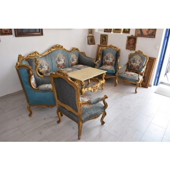 Barokowy Komplet Wypoczynkowy Wypoczynek NIEBIESKI - Sofa + 4 Fotele + Stół