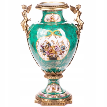 Zielona Porcelanowa Waza - Wazon - Porcelana + Brąz - Anioły Kwiaty
