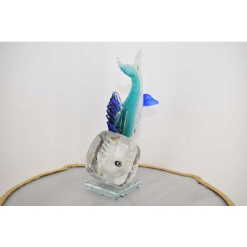 Szkło Murano Glass - Niebieska Ryba z Głową w Lodzie - Figura Rzeźba