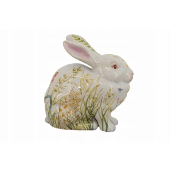 Porcelanowa Malowana Figura Królika - Biały Królik Zając Sygn. - Kwiaty