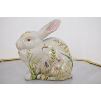 Porcelanowa Malowana Figura Królika - Biały Królik Zając Sygn. - Kwiaty