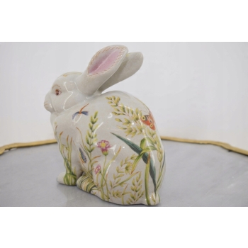Porcelanowa Malowana Figura Królika - Biały Królik Zając Sygn. - Kwiaty