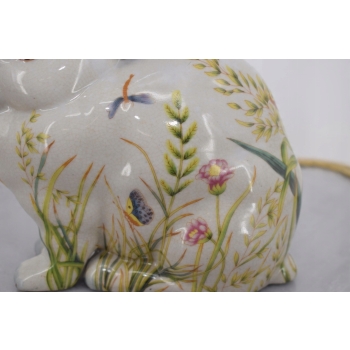 Porcelanowa Malowana Figura Królika - Biały Królik Zając Sygn. - Kwiaty