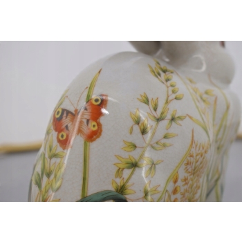 Porcelanowa Malowana Figura Królika - Biały Królik Zając Sygn. - Kwiaty