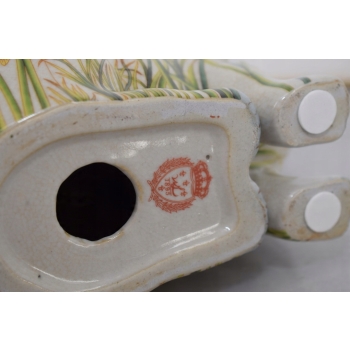 Porcelanowa Malowana Figura Królika - Biały Królik Zając Sygn. - Kwiaty