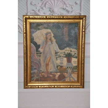 Józef Mehoffer - Dama w Sukni w Ogrodzie - Stary Obraz Olejny na Płótnie