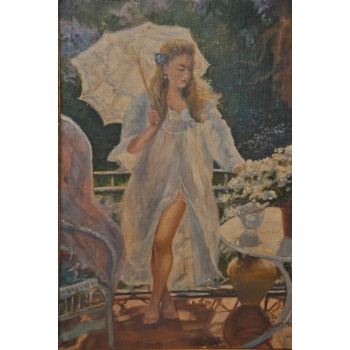 Józef Mehoffer - Dama w Sukni w Ogrodzie - Stary Obraz Olejny na Płótnie