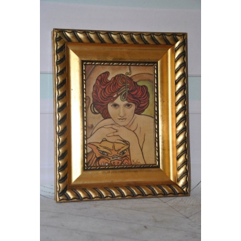 Alfons Mucha - Nimfa Kobieta Portret - Secesja Rama Stary Obraz na Drewnie