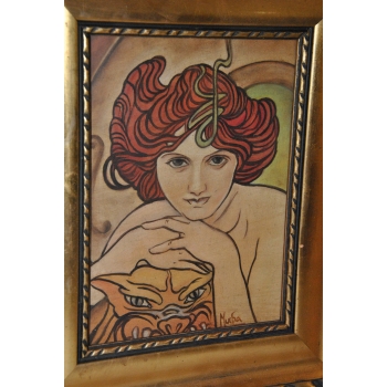 Alfons Mucha - Nimfa Kobieta Portret - Secesja Rama Stary Obraz na Drewnie