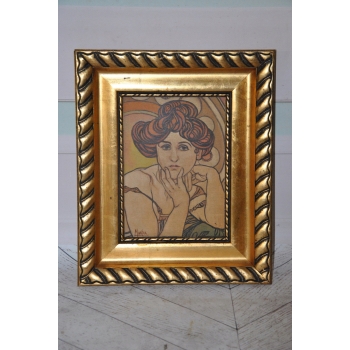 Alfons Mucha - Nimfa Kobieta Portret - Secesja Rama Stary Obraz na Drewnie