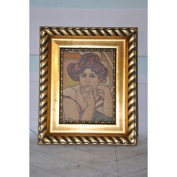 Alfons Mucha - Nimfa Kobieta Portret - Secesja Rama Stary Obraz na Drewnie