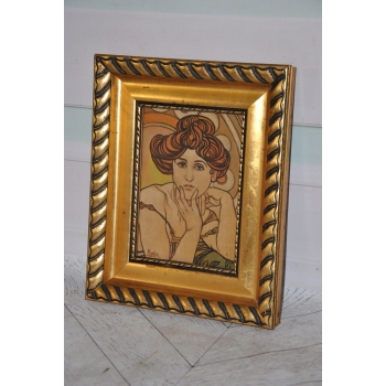 Alfons Mucha - Nimfa Kobieta Portret - Secesja Rama Stary Obraz na Drewnie