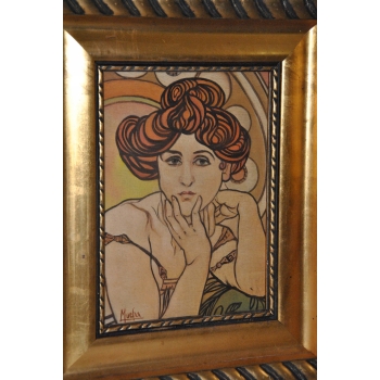 Alfons Mucha - Nimfa Kobieta Portret - Secesja Rama Stary Obraz na Drewnie