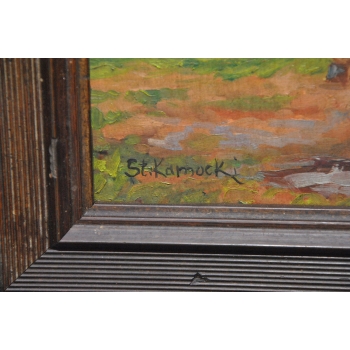 ST Kamocki - Pejzaż Polskiej Wsi WDojenie Krowy - Stary Obraz na Drewnie