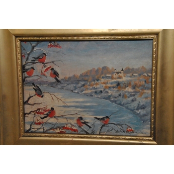 St. Filipkiewicz - Ptaki Gile Gil w Zimowej Scenerii Stary Obraz na Drewnie