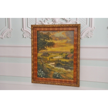 Józef Rapacki - Pejzaż Polski - Wiejskie Chaty - Domy Drzewa - Obraz Olejny