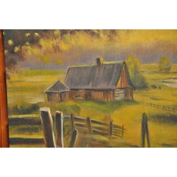 Józef Rapacki - Pejzaż Polski - Wiejskie Chaty - Domy Drzewa - Obraz Olejny