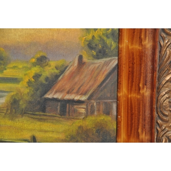 Józef Rapacki - Pejzaż Polski - Wiejskie Chaty - Domy Drzewa - Obraz Olejny