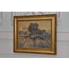 ST Kamocki - Pejzaż Polskiej Wsi - Krowy w Zagrodzie - Stary Obraz Olejny