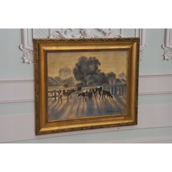 ST Kamocki - Pejzaż Polskiej Wsi - Krowy w Zagrodzie - Stary Obraz Olejny