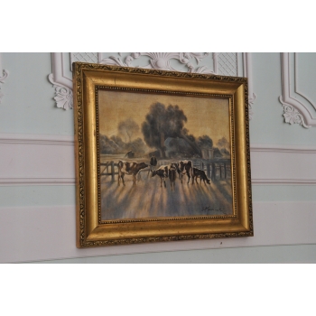 ST Kamocki - Pejzaż Polskiej Wsi - Krowy w Zagrodzie - Stary Obraz Olejny