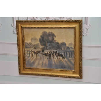 ST Kamocki - Pejzaż Polskiej Wsi - Krowy w Zagrodzie - Stary Obraz Olejny
