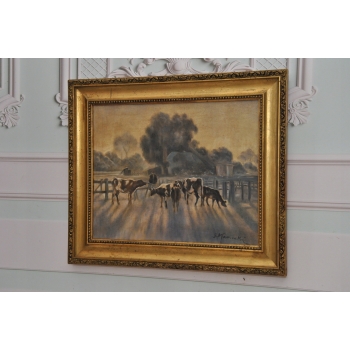 ST Kamocki - Pejzaż Polskiej Wsi - Krowy w Zagrodzie - Stary Obraz Olejny