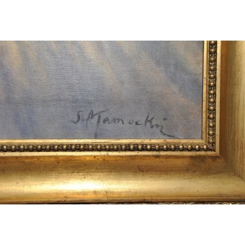 ST Kamocki - Pejzaż Polskiej Wsi - Krowy w Zagrodzie - Stary Obraz Olejny