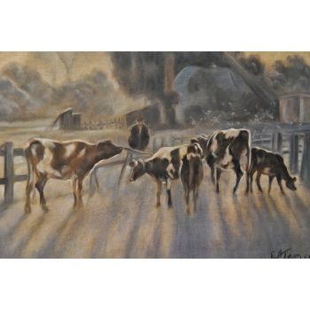 ST Kamocki - Pejzaż Polskiej Wsi - Krowy w Zagrodzie - Stary Obraz Olejny