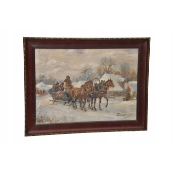 W. Chmieliński - Zimowa Wyprawa Na Targ - Sanie Polska Zima - Obraz Olejny
