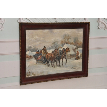 W. Chmieliński - Zimowa Wyprawa Na Targ - Sanie Polska Zima - Obraz Olejny