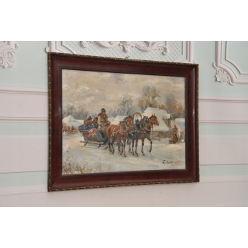 W. Chmieliński - Zimowa Wyprawa Na Targ - Sanie Polska Zima - Obraz Olejny