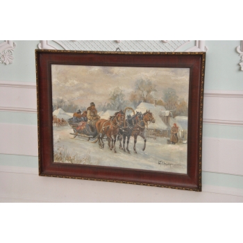 W. Chmieliński - Zimowa Wyprawa Na Targ - Sanie Polska Zima - Obraz Olejny