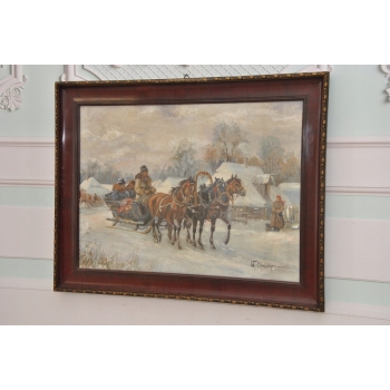 W. Chmieliński - Zimowa Wyprawa Na Targ - Sanie Polska Zima - Obraz Olejny
