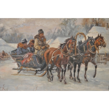 W. Chmieliński - Zimowa Wyprawa Na Targ - Sanie Polska Zima - Obraz Olejny