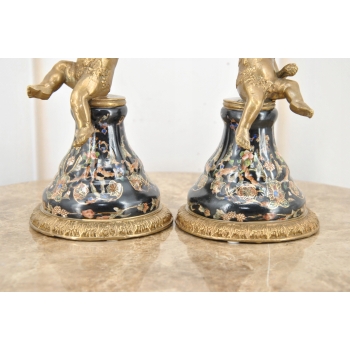 2 x Świecznik Porcelanowy Anioły - Anioł Amor - Czarna Porcelana + Brąz