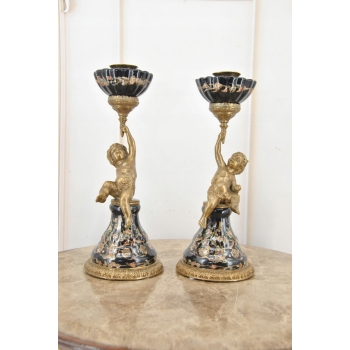 2 x Świecznik Porcelanowy Anioły - Anioł Amor - Czarna Porcelana + Brąz