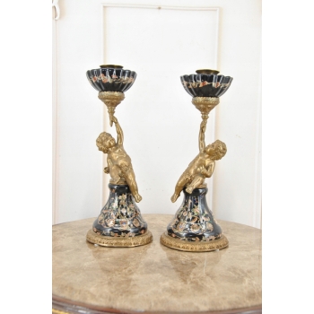 2 x Świecznik Porcelanowy Anioły - Anioł Amor - Czarna Porcelana + Brąz