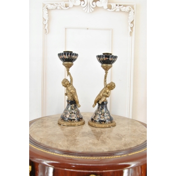 2 x Świecznik Porcelanowy Anioły - Anioł Amor - Czarna Porcelana + Brąz