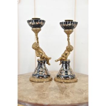 2 x Świecznik Porcelanowy Anioły - Anioł Amor - Czarna Porcelana + Brąz