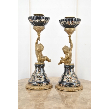 2 x Świecznik Porcelanowy Anioły - Anioł Amor - Czarna Porcelana + Brąz