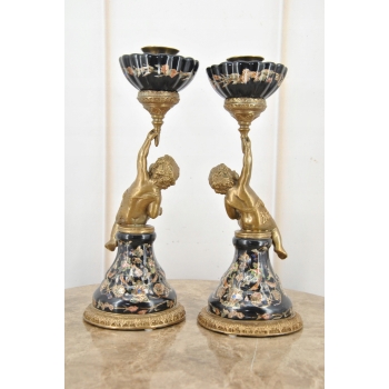 2 x Świecznik Porcelanowy Anioły - Anioł Amor - Czarna Porcelana + Brąz