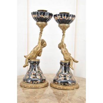 2 x Świecznik Porcelanowy Anioły - Anioł Amor - Czarna Porcelana + Brąz