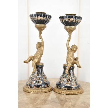 2 x Świecznik Porcelanowy Anioły - Anioł Amor - Czarna Porcelana + Brąz