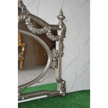 Pałacowe Rzeźbione Srebrne Lustro - Styl Rokoko - Poziome - Dekoracja